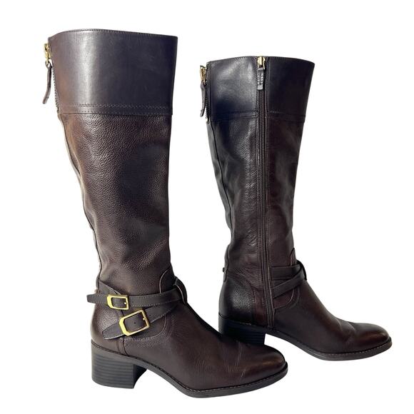 Franco Sarto Knee High Womens Size 7.5M Riding Boots Brown Leather Casual Zip Up - Picture 2 of 10
